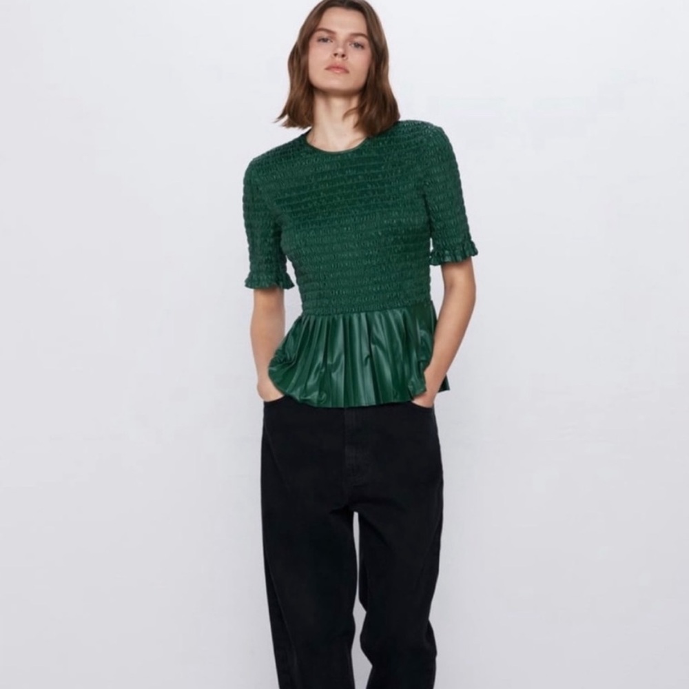 Zara Faux Leather Emerald Green Smocked Peplum Top Size XS